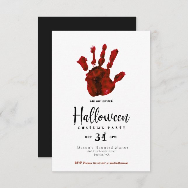 Simple Design Bloody Hand Halloween Party Invite (Front/Back)