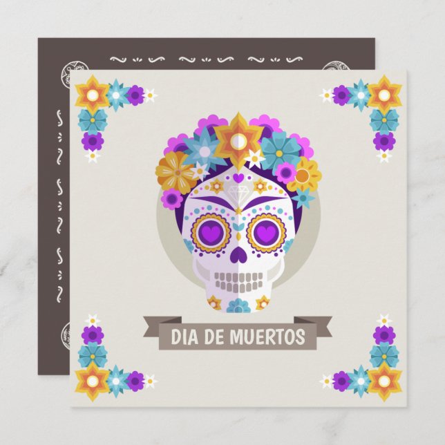 Simple Dia de los Muertos Floral Skull Invitation (Front/Back)