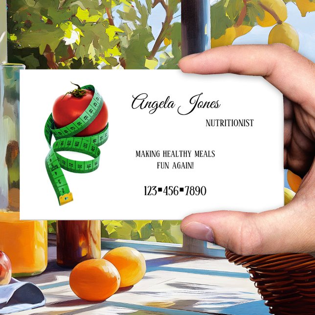 Simple Dietician Nutritionist Business Card (A simple business card for a nutritional therapist or dietitian with a tomato with measuring tape)