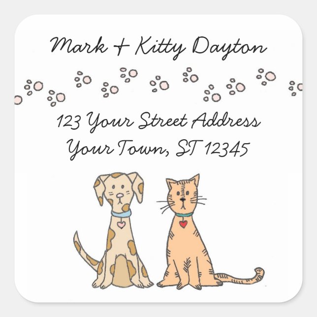 Simple Dog and Cat  with Paw Prints Square Sticker (Front)