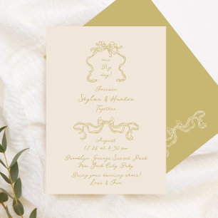 Simple Doodle Handwritten Bow Cream Moss Wedding Invitation