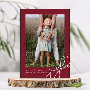 Simple Dots Burgundy Joyful Script Elegant Photo Holiday Card