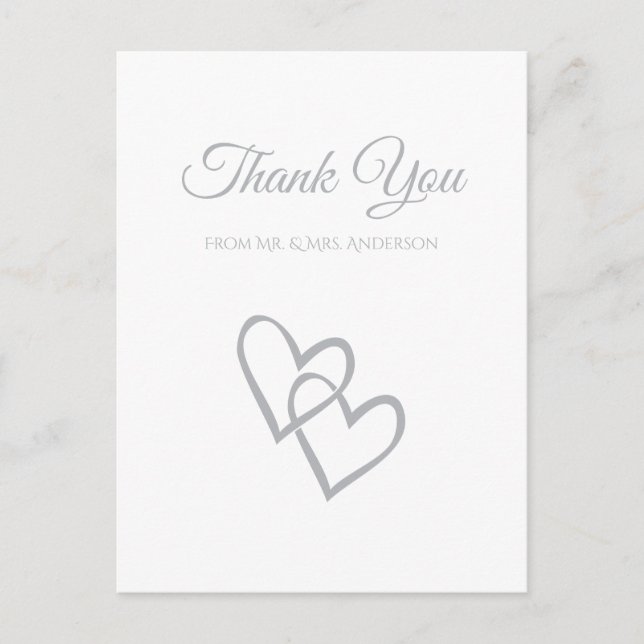 Simple Double Heart Grey Wedding Thank You Postcard (Front)