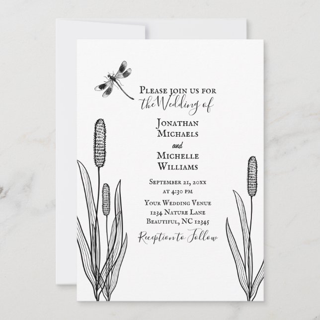 Simple Dragonfly and Cattails Black White Wedding Invitation (Front)