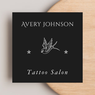 Simple Drawn Bird & Stars Tattoo Artist Salon Dark Square Business Card