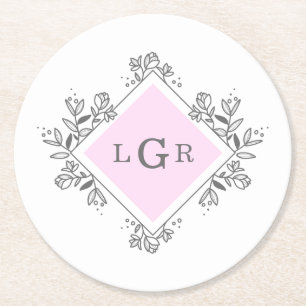 Simple Drawn Floral Pink Round Paper Coaster