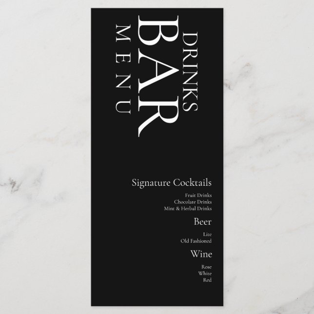 Simple Drinks Cocktail Wine Wedding  Black White Menu (Front)