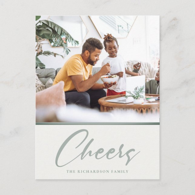 Simple Dusky Sage Green Christmas Photo Cheers Holiday Postcard (Front)