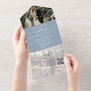 Simple Dusty Blue 2 Photo QR Code RSVP Wedding All In One Invitation