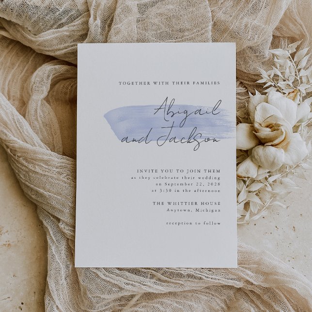 Simple Dusty Blue Brush Strokes Wedding Invitation (A simple, modern invitation for a wedding with a dusty blue color palette.)