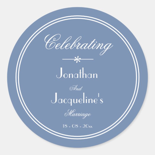 Simple Dusty Blue Chic Script Wedding Favour Classic Round Sticker (Front)