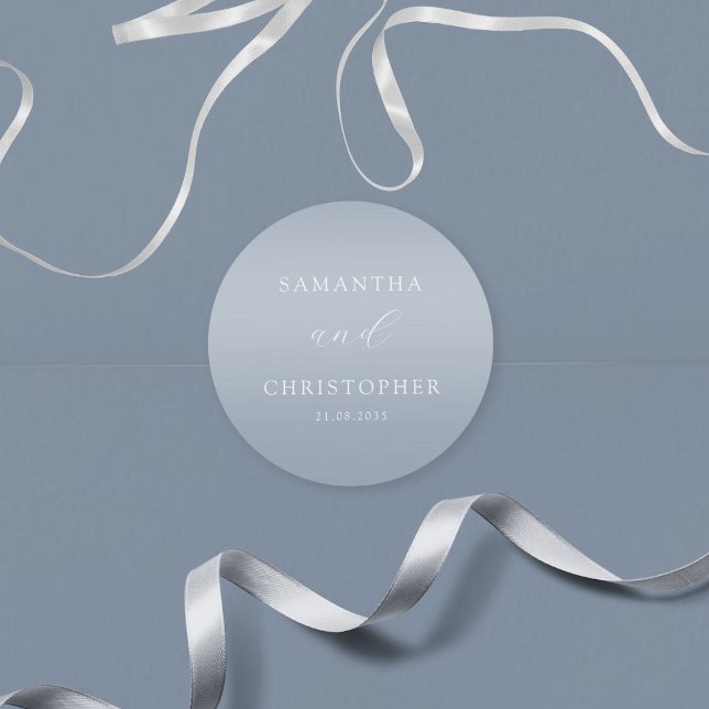 Simple Dusty Blue Couples Names Wedding Classic Round Sticker (Creator Uploaded)