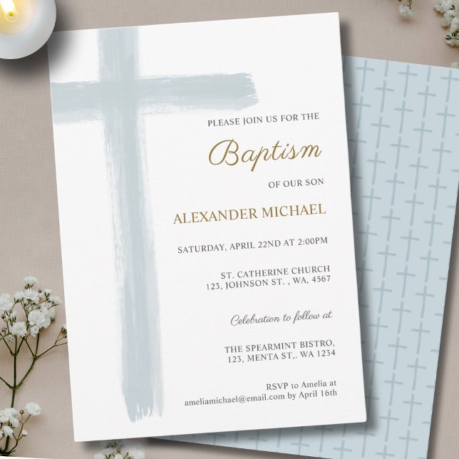 Simple Dusty Blue Cross Boy Baptism Invitation (Creator Uploaded)