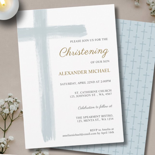 Simple Dusty Blue Cross Boy Christening Baptism Invitation (Creator Uploaded)
