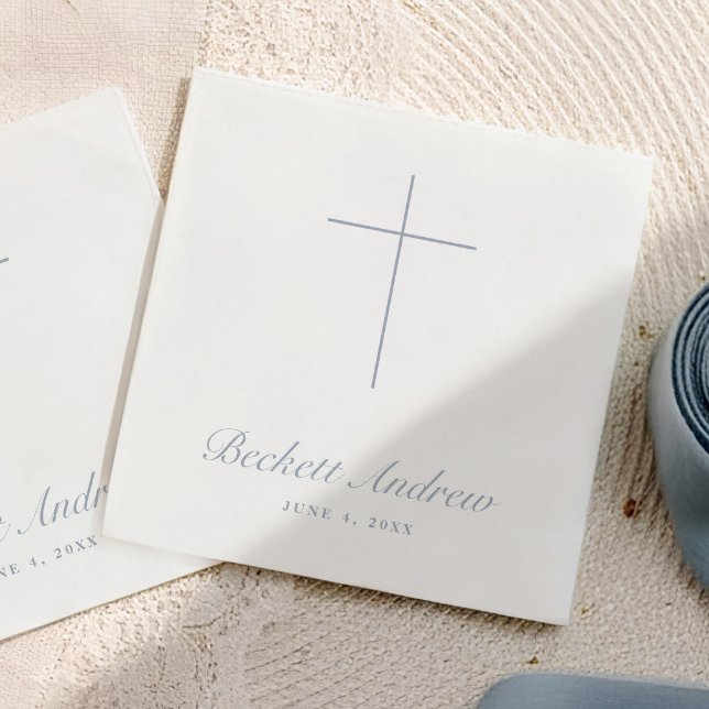 Simple Dusty Blue Cross Script Baptism Napkin (Simple Dusty Blue Cross Script Baptism, Christening or First Holy Communion Napkins.)