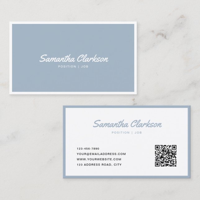Simple Dusty Blue Cursive Script Border QR Code Business Card (Front/Back)