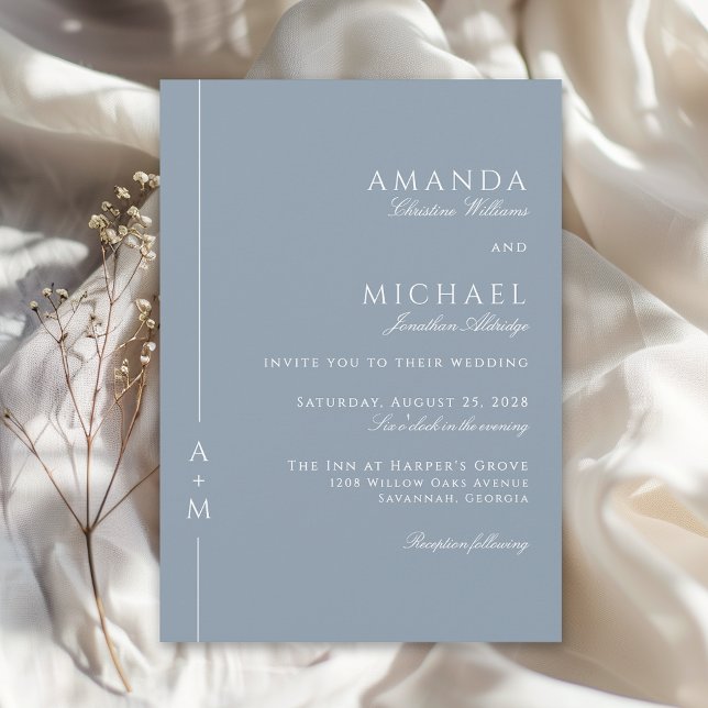 Simple Dusty Blue Elegant Monogram Classic Wedding Invitation (Available in both printed and instant download digital formats.)