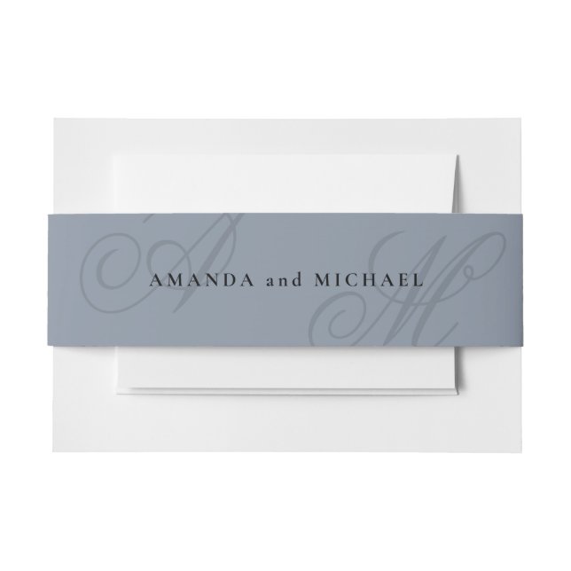 Simple Dusty Blue Elegant Monogram Wedding Invitation Belly Band (Front Example)