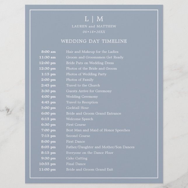 Simple Dusty Blue Elegant Wedding Timeline (Front)