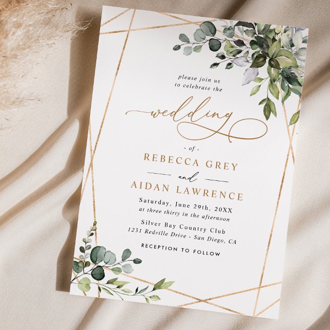 Simple Dusty Blue Eucalyptus Greenery Gold Wedding Invitation (Creator Uploaded)