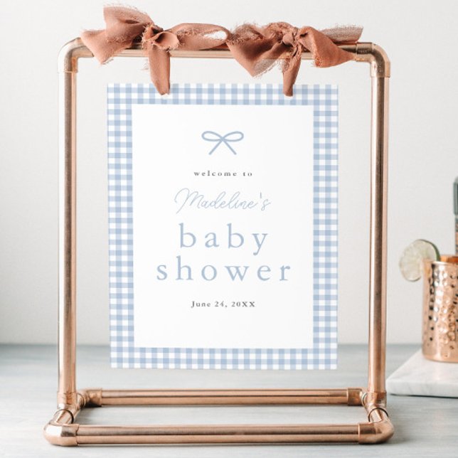 Simple Dusty Blue Gingham Boys Baby Shower Welcome Poster (Dusty blue bow gingham boys baby shower welcome sign.)