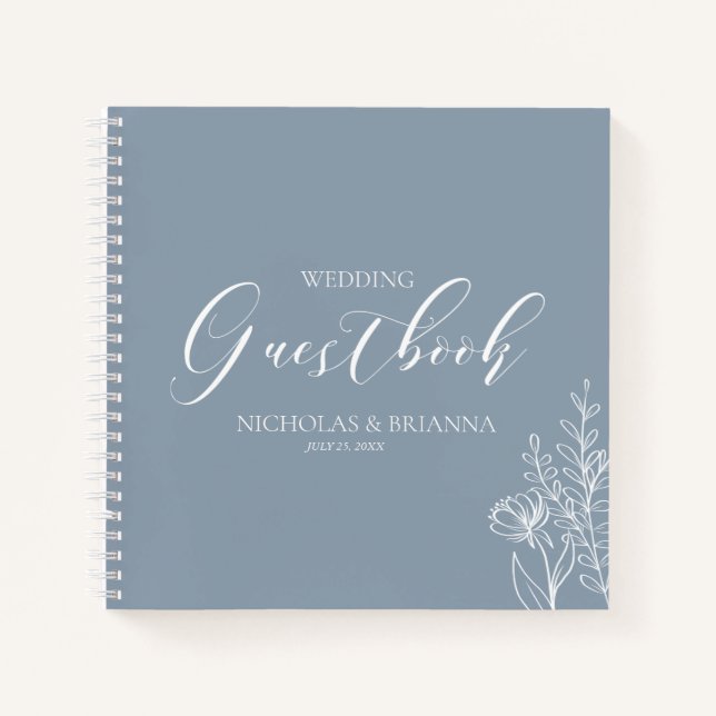 Simple Dusty Blue Minimal Floral Wedding Guestbook Notebook (Front)