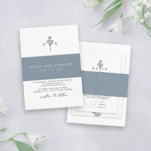Simple Dusty Blue Minimalist Names Classic Wedding Invitation Belly Band