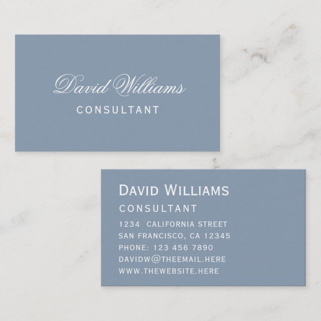 Simple Dusty Blue Modern Colour White Script Business Card (Front/Back)