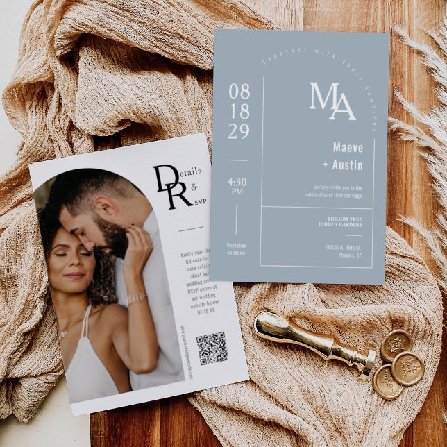 Simple Dusty Blue Modern Minimalist Arch QR Code Invitation (Creator Uploaded)