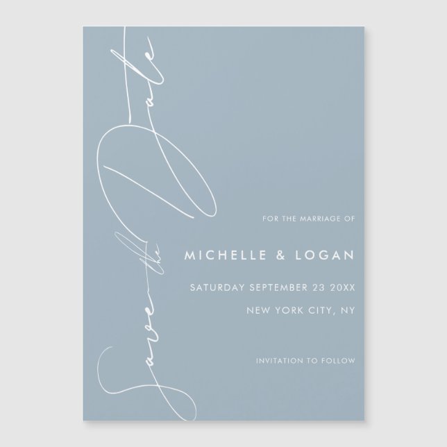 Simple Dusty Blue Modern Script Save the Date Magnetic Invitation (Front)