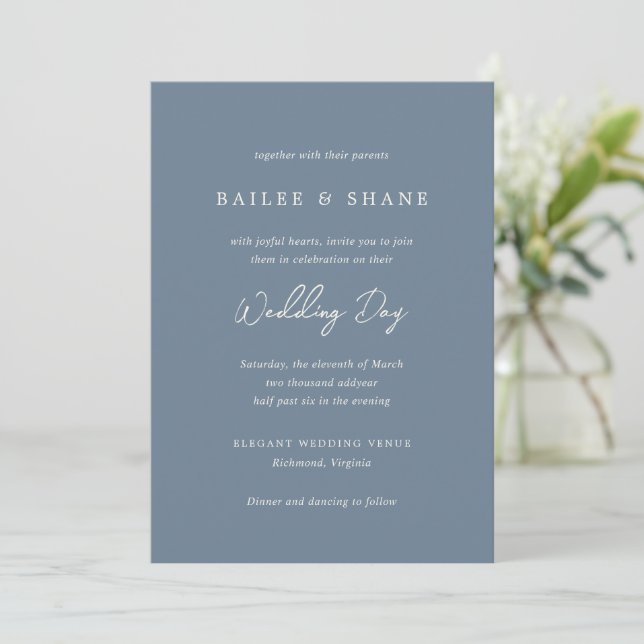 Simple Dusty Blue Modern Wedding Invitation (Standing Front)