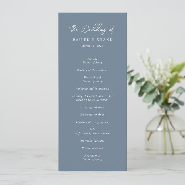 Simple Dusty Blue Modern Wedding Programme (Standing Front)