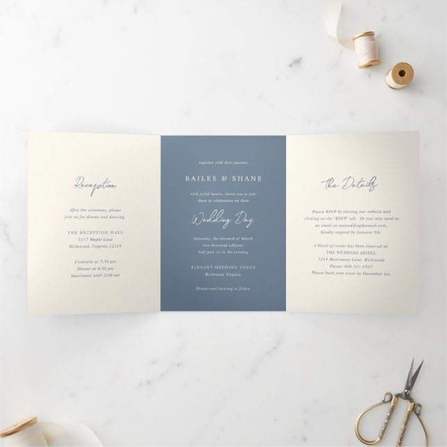 Simple Dusty Blue Modern Wedding Tri-Fold Invitation (Inside)