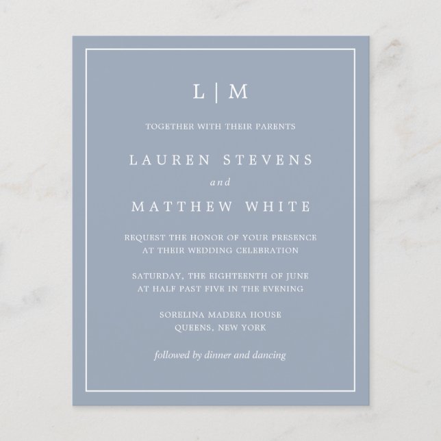 Simple Dusty Blue Monogram Budget Wedding Invite (Front)