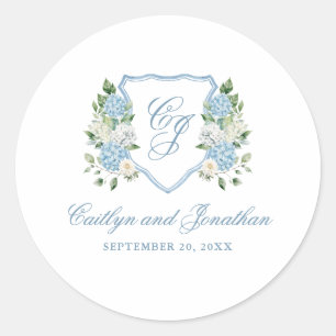 Simple Dusty Blue Monogram Crest Wedding Classic Round Sticker