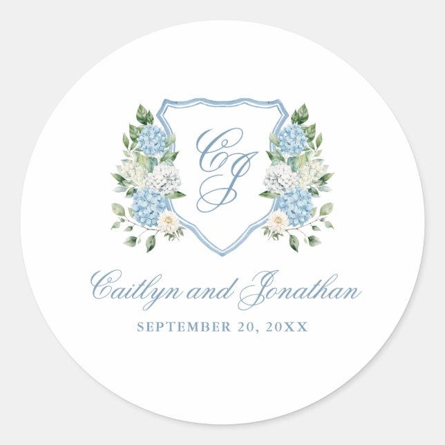 Simple Dusty Blue Monogram Crest Wedding Classic Round Sticker (Front)