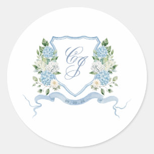 Simple Dusty Blue Monogram Crest Wedding Classic Round Sticker