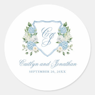 Simple Dusty Blue Monogram Crest Wedding Classic Round Sticker