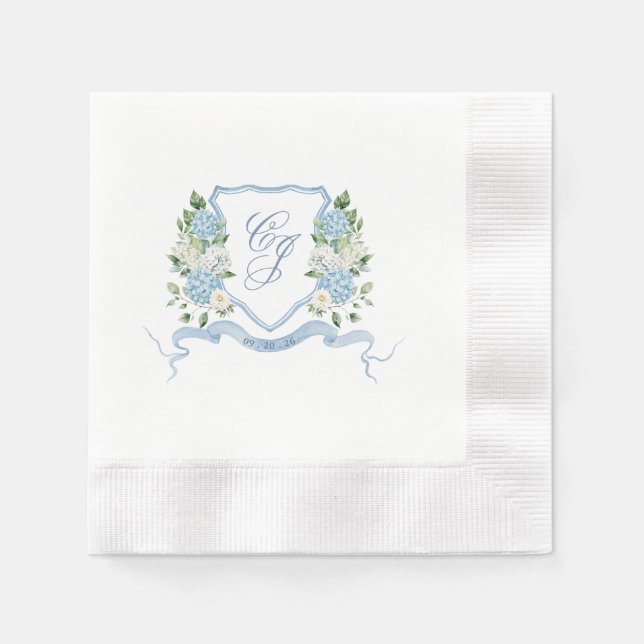 Simple Dusty Blue Monogram Crest Wedding Napkin (Front)