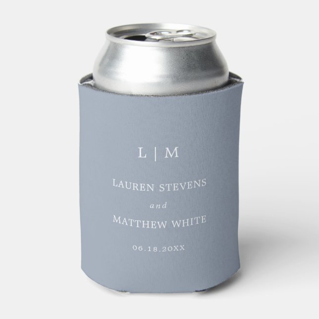 Simple Dusty Blue Monogram Elegant Wedding Can Cooler (Can Front)