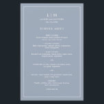 Simple Dusty Blue Monogram Elegant Wedding Menu<br><div class="desc">Simple wedding menu featuring a modern yet elegant design with your two letter monogram along with your names and date surrounded by a thin border. All text is in white over a dusty blue background. The fonts and background colours may be changed to any colours you wish by clicking the...</div>
