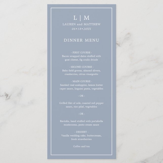 Simple Dusty Blue Monogram Elegant Wedding Menu (Front)