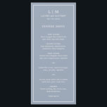 Simple Dusty Blue Monogram Elegant Wedding Menu<br><div class="desc">Simple wedding menu featuring a modern yet elegant design with your two letter monogram along with your names and date surrounded by a thin border. All text is in white over a dusty blue background. The fonts and background colours may be changed to any colours you wish by clicking the...</div>