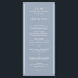 Simple Dusty Blue Monogram Elegant Wedding Menu<br><div class="desc">Simple wedding menu featuring a modern yet elegant design with your two letter monogram along with your names and date surrounded by a thin border. All text is in white over a dusty blue background. The fonts and background colours may be changed to any colours you wish by clicking the...</div>
