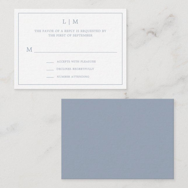 Simple Dusty Blue Monogram Elegant Wedding RSVP Card (Front/Back)
