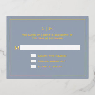 Simple Dusty Blue Monogram Elegant Wedding RSVP Foil Invitation Postcard