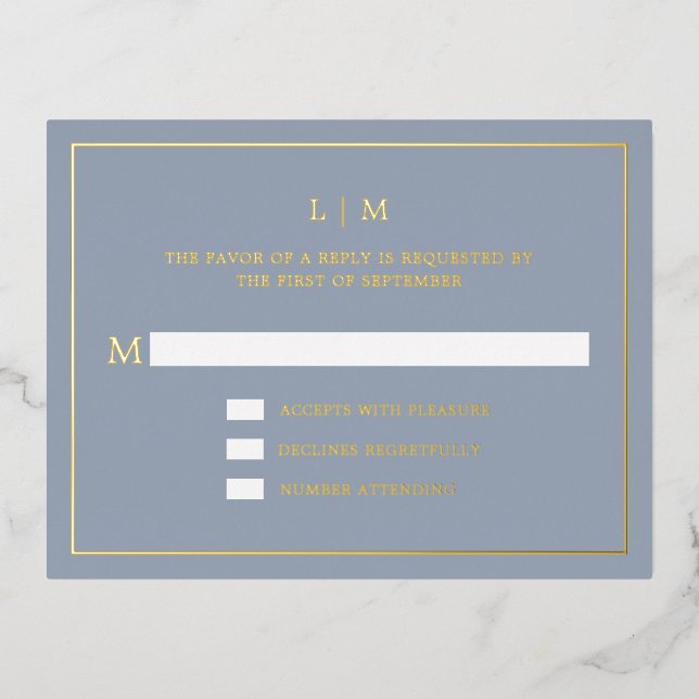 Simple Dusty Blue Monogram Elegant Wedding RSVP Foil Invitation Postcard (Front)