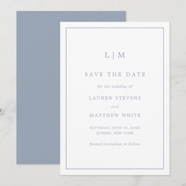 Simple Dusty Blue Monogram Elegant Wedding Save The Date (Front/Back)