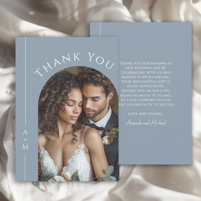 Simple Dusty Blue Monogram Wedding Photo Thank You (Creator Uploaded)