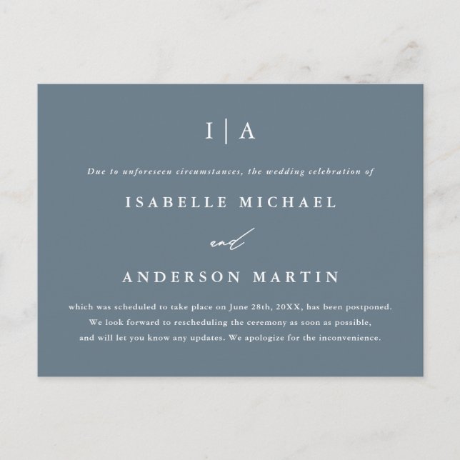 Simple Dusty Blue Monogram Wedding Postponement Announcement Postcard (Front)